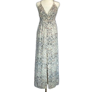 Lovestitch Maxi Dress Size Small White Floral Print Front Slit Smocked Waist EUC